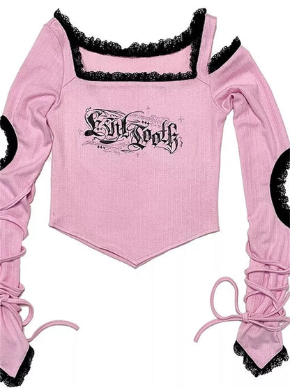 Pink Goth Bandage Hollow Out Long Sleeve T-shirt