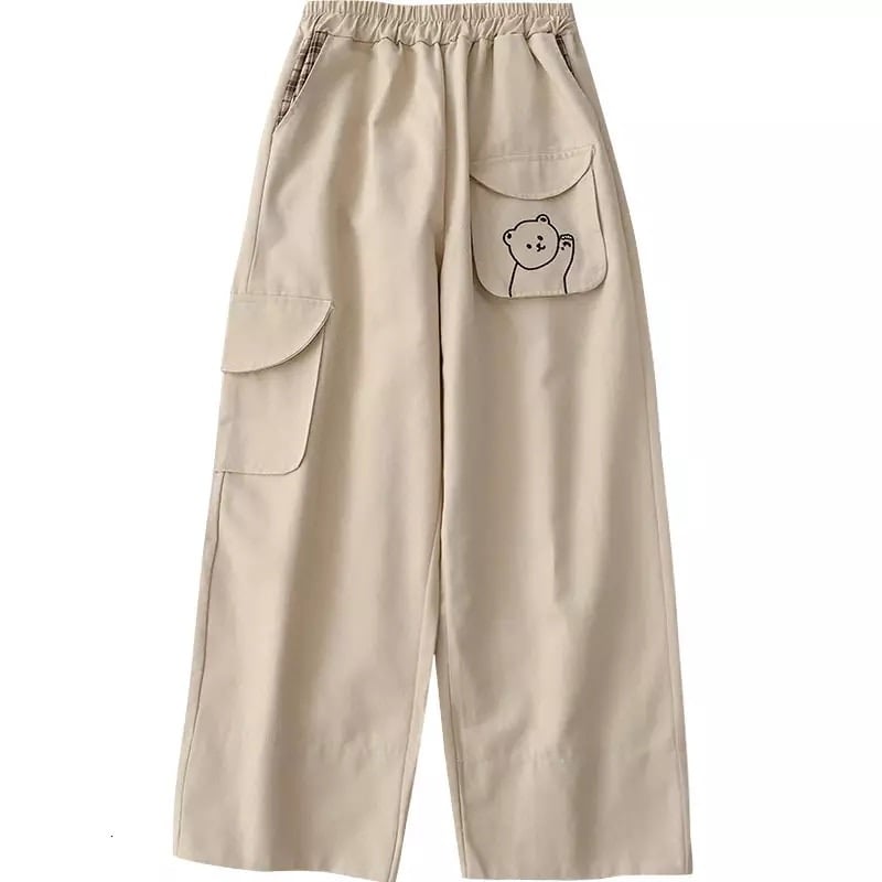 Cute Black Khaki Bear Embroidery Wide Leg Pants Women Casual High Waisted Loose Long Straight Bottom E-Girl Kawaii Korean Japanese Harajuku Streetwear