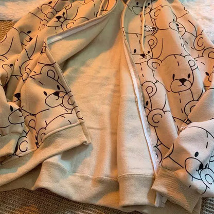 Cute Teddy Brown Bear Oversized Hoodie Zip Up Sweatshirt Sweater Long Sleeve Jumper Pullover E-Girl Kawaii Korean Japanese Harajuku Streetwear