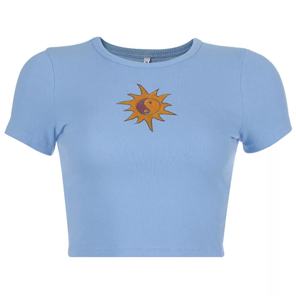 Cute Ying Yang Sun Embroidery Short Sleeve Shirt Crop Top Tee T-shirt E-Girl Kawaii Korean Japanese Harajuku Chinese Retro Streetwear Aesthetic