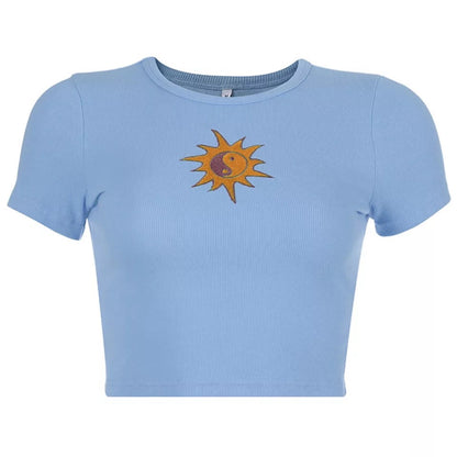Cute Ying Yang Sun Embroidery Short Sleeve Shirt Crop Top Tee T-shirt E-Girl Kawaii Korean Japanese Harajuku Chinese Retro Streetwear Aesthetic