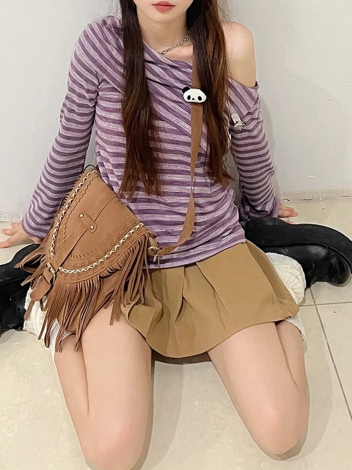 Purple Stripe Slash Neck Long Sleeve Shirt