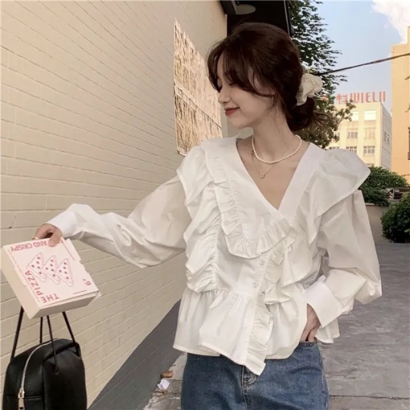 White Ruffle Long Sleeve Blouse