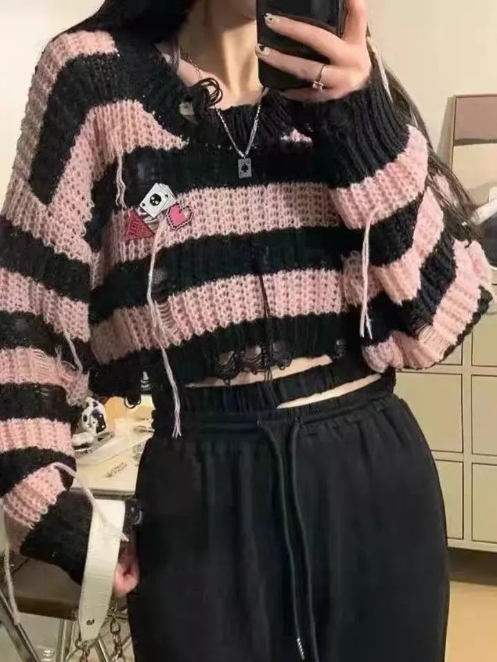 Black & Pink Striped Knit Cropped Pullover