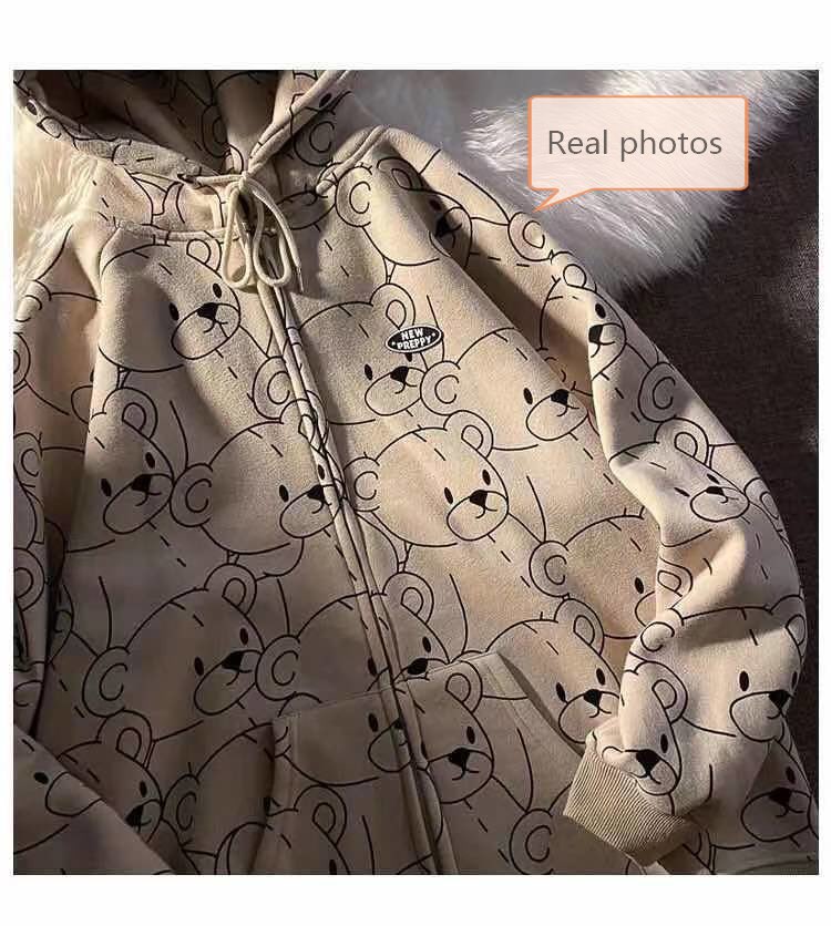 Cute Teddy Brown Bear Oversized Hoodie Zip Up Sweatshirt Sweater Long Sleeve Jumper Pullover E-Girl Kawaii Korean Japanese Harajuku Streetwear