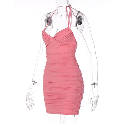 Pink Pleated Halter Bodycon Mini Dress