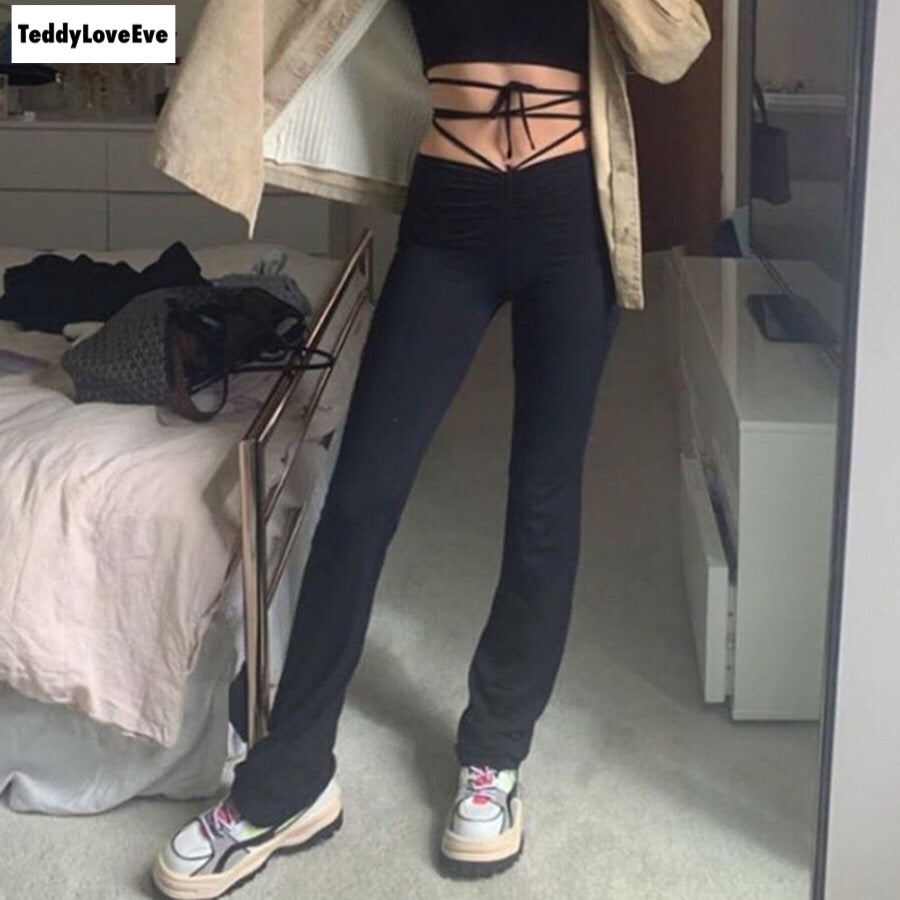 Cute Sexy Black High Waisted Thin Bandage Wrap Tie Pant Trousers Joggers E-Girl Kawaii Korean Japanese Harajuku Chinese Retro Streetwear Aesthetic