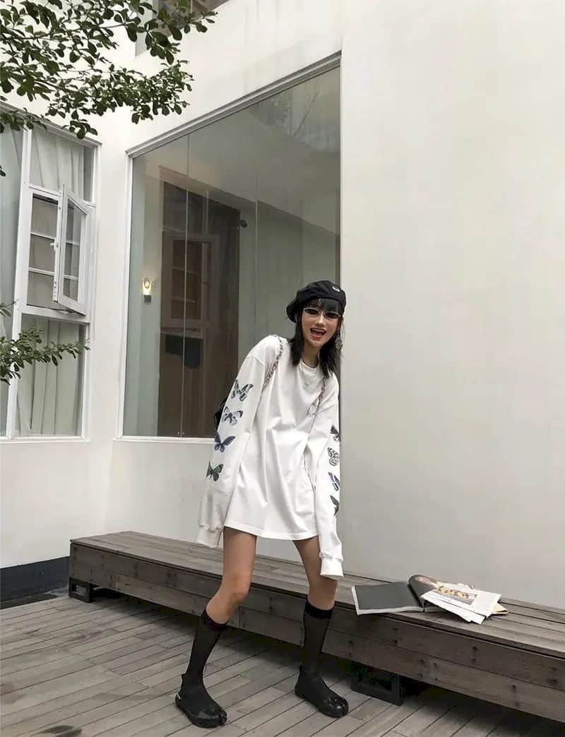 Cute Vintage White Butterfly Print Long Sleeve Shirt Sweatshirt Loose Oversized Autumn Aesthetic E-Girl Kawaii Korean Japanese Harajuku Streetwear