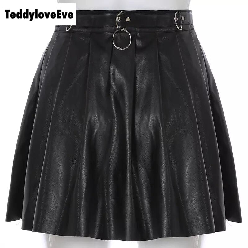 Sexy Black Goth Grunge Punk Summer Zipper Rivet Pleated PU Skirt Metal Ring Hallow Out E-Girl Kawaii Korean Japanese Harajuku Streetwear