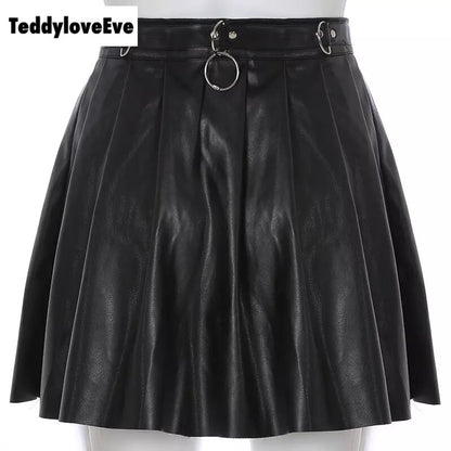 Sexy Black Goth Grunge Punk Summer Zipper Rivet Pleated PU Skirt Metal Ring Hallow Out E-Girl Kawaii Korean Japanese Harajuku Streetwear
