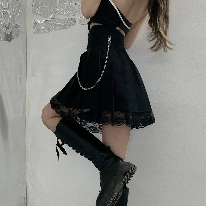 Cute White Black Chain Lace High Waist A-line Pleated Skirt Summer Aesthetic Casual E-Girl Kawaii Korean Japanese Harajuku