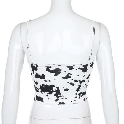Cute Sexy Cow Print Patchwork Lace Tank Crop Top Shirt Tee T-shirt Club E-Girl Kawaii Korean Japanese Harajuku Chinese Retro Streetwear Aesthetic