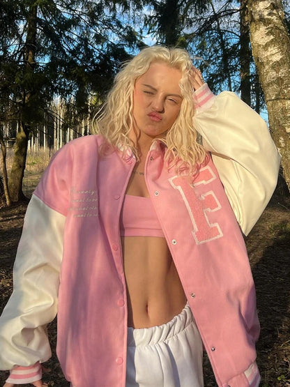 Pink Embroidery Patchwork Varsity Jacket
