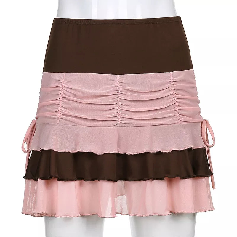 Brown Vintage Patchwork Pleated Ruffle Mini Skirt