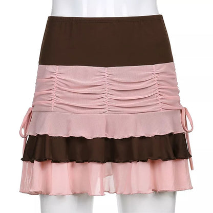 Brown Vintage Patchwork Pleated Ruffle Mini Skirt