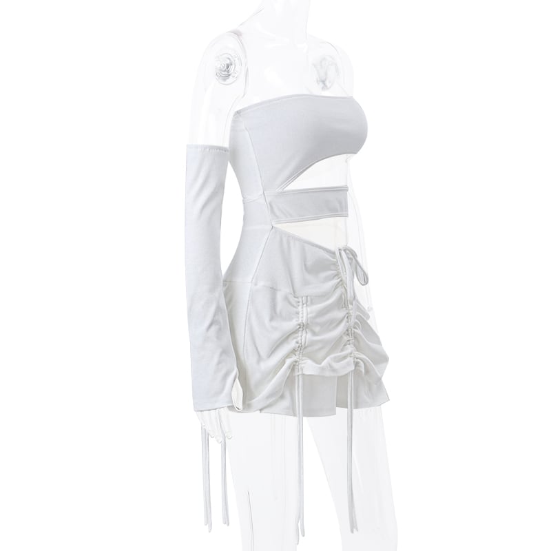 White Hollow Out Drawstring Strapless Mini Dress