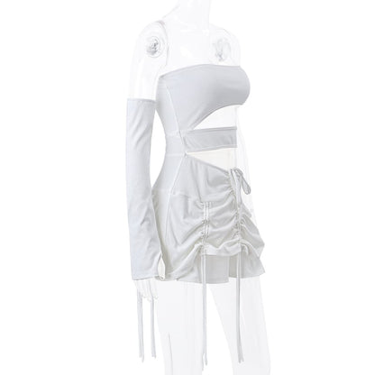 White Hollow Out Drawstring Strapless Mini Dress