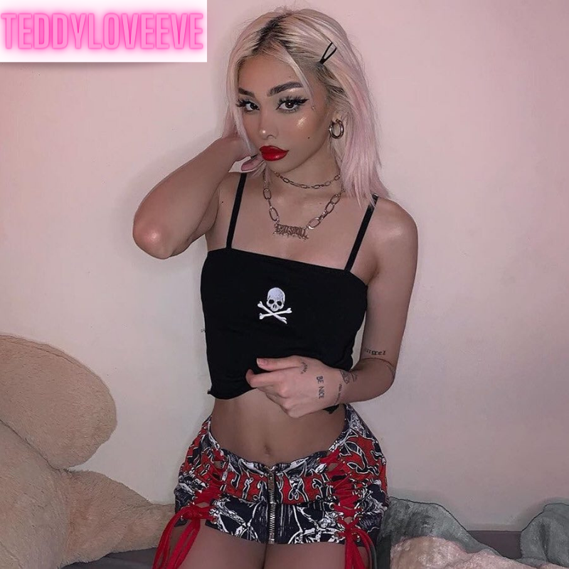 Cute Sexy Black Skull Embroidery Sleeveless Shirt Crop Top Tank Camisole Spaghetti Goth Punk Casual E-Girl Kawaii Korean Japanese Harajuku Streetwear