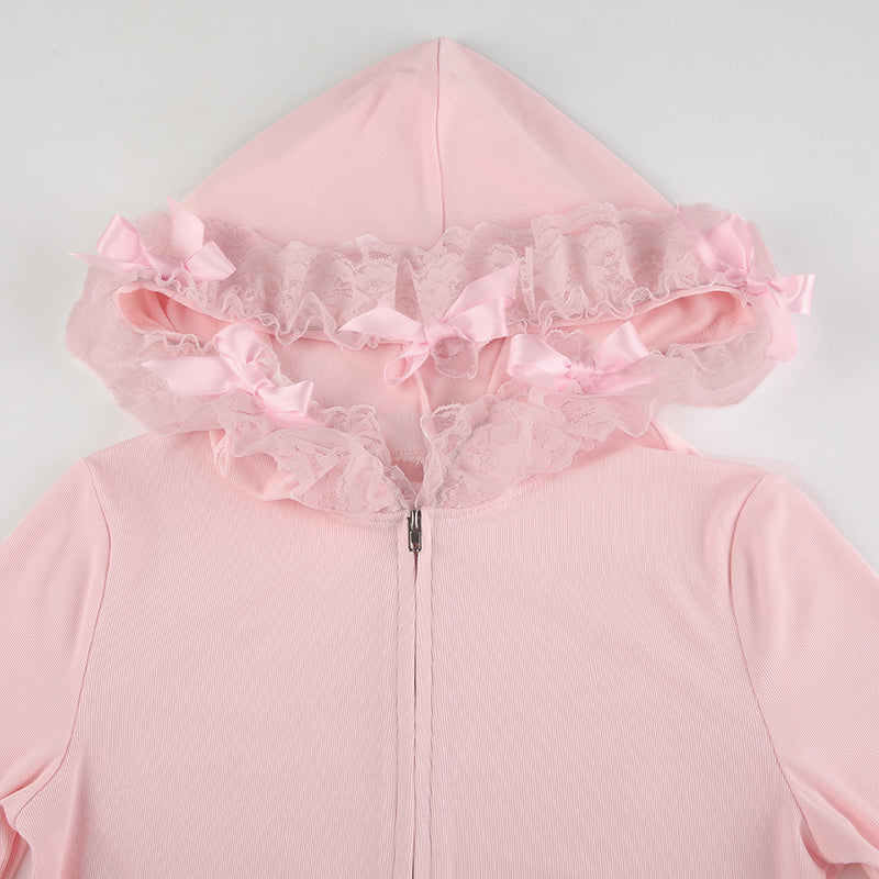 Pink Lace Ruffle Hem Cropped Zipper Hoodie