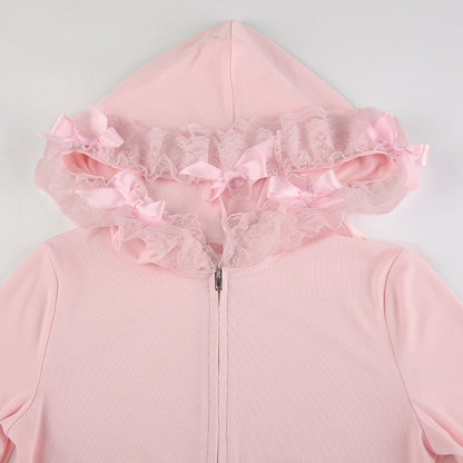Pink Lace Ruffle Hem Cropped Zipper Hoodie