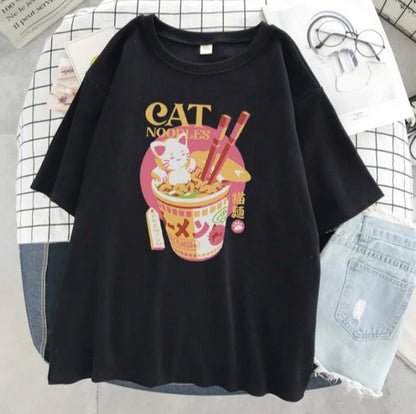 Cute Cat Noodle Ramen Graphic Cartoon Print Loose Short Sleeve T-shirt Aesthetic Casual Summer E-Girl Kawaii Korean Japanese Harajuku