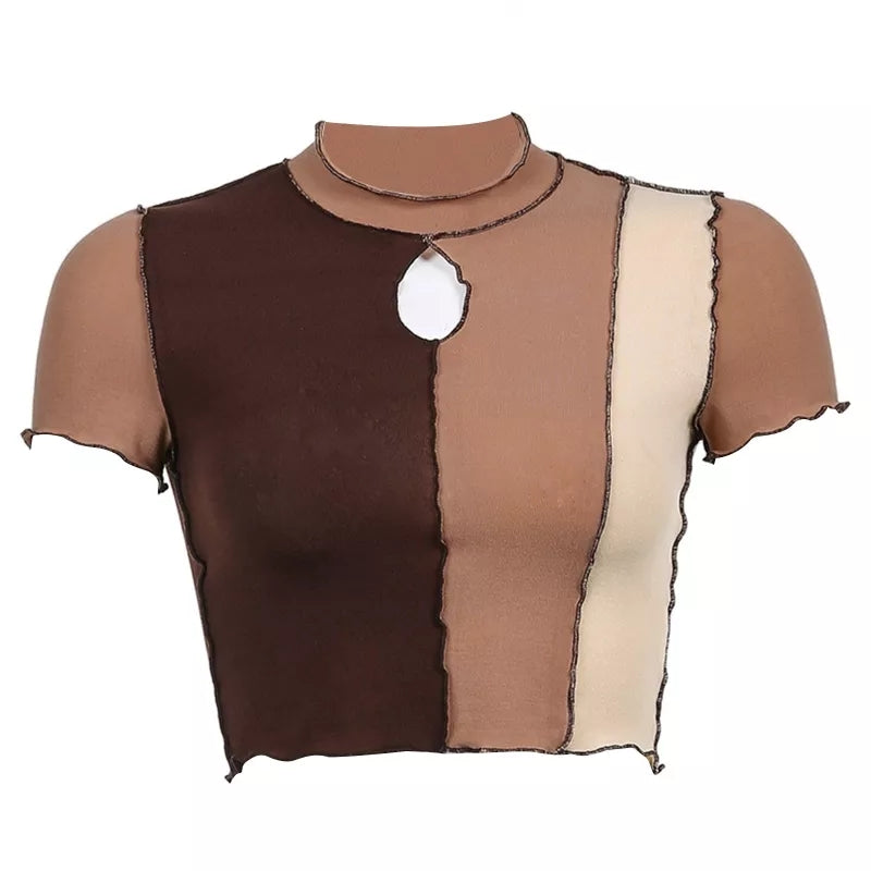 Brown Patchwork Trim Hollow Short Sleeve T-shirt
