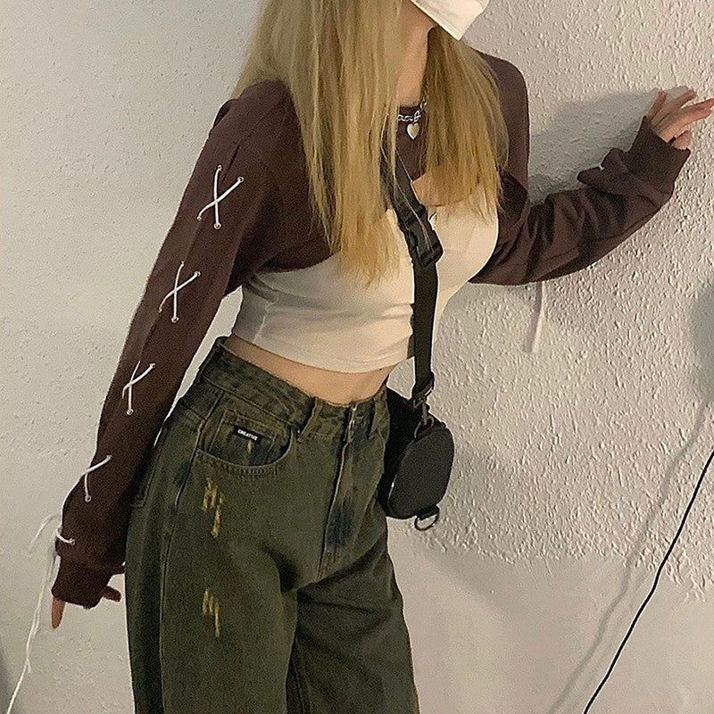 Brown Lace Up Crop Top