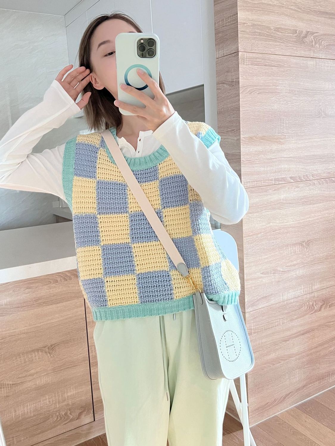 Blue & Yellow Checkered Crochet Sweater Vest