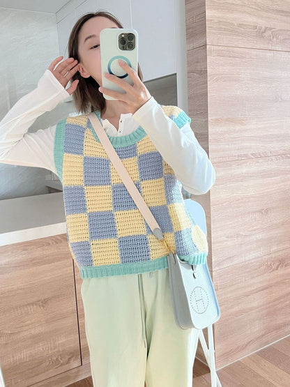 Blue & Yellow Checkered Crochet Sweater Vest