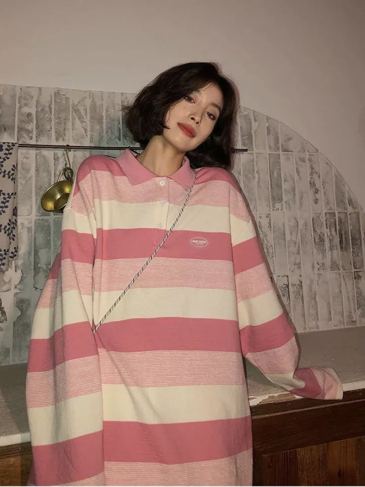 Pink Striped Oversized Preppy Long Sleeve T-shirt