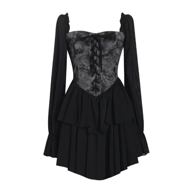 Black Floral Corset Long Sleeve Dress