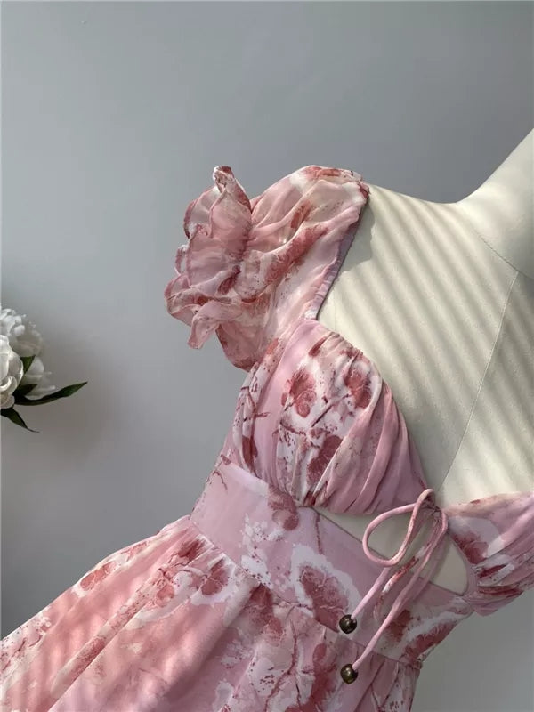 Cute Sweet Floral Print Jumpsuit Chiffon Ruffled Squared Collar Dress Summer Aesthetic Casual E-Girl Kawaii Korean Japanese Harajuku