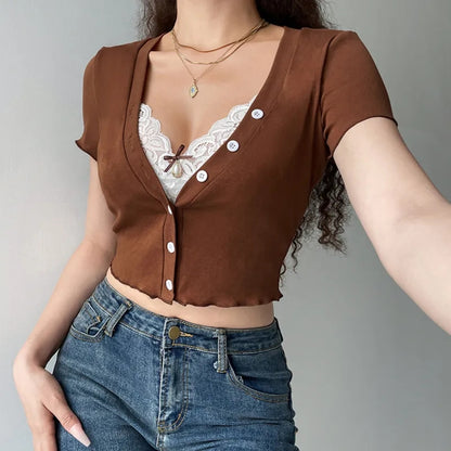 Sweet Lace Button V Neck Cropped Short Sleeve T-Shirt