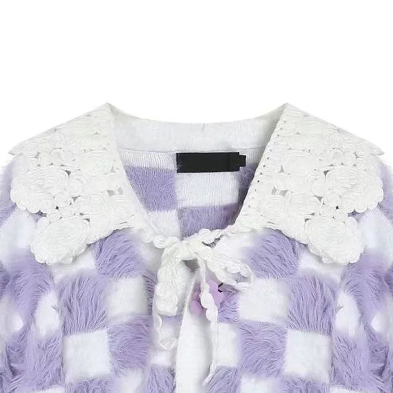 Fluffy Purple & White Plaid Cardigan