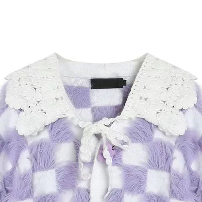 Fluffy Purple & White Plaid Cardigan