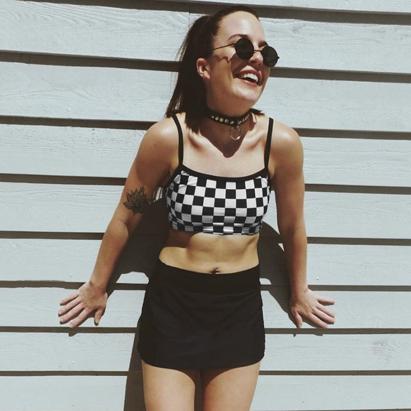 Cute Sexy Black White Checkered Plaid Tank Cami Crop Top Shirt Tee T-shirt E-Girl Kawaii Korean Japanese Harajuku Chinese Retro Streetwear Aesthetic