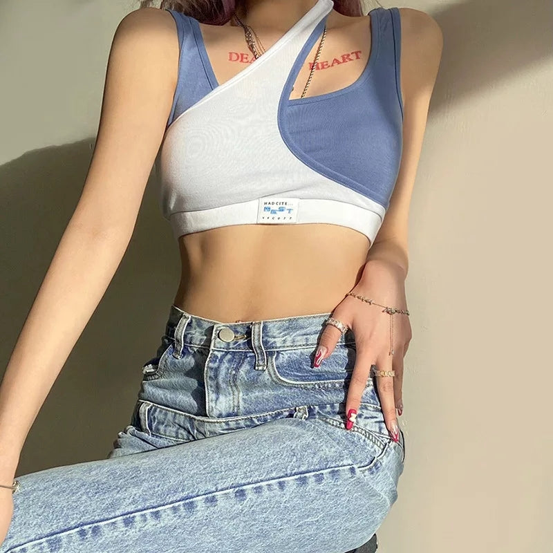 Cute Blue Patchwork Crop Top Sleeveless Shirt Tank Vest Party Club Summer Aesthetic Casual E-Girl Kawaii Korean Japanese Harajuku