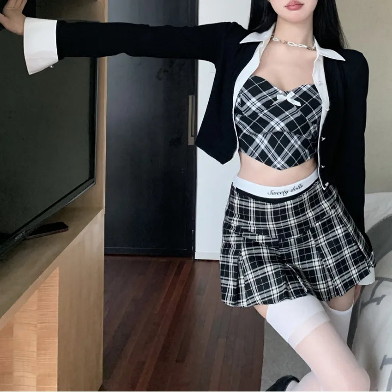 3PCS Plaid Patchwork Camisole + Pleated Skirt + Long Sleeve Shirt