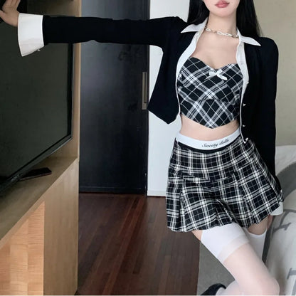 3PCS Plaid Patchwork Camisole + Pleated Skirt + Long Sleeve Shirt