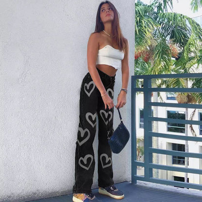 Cute 90s Vintage Heart Print Baggy Mom Jeans Denim High Waisted Trousers Pant Aesthetic Summer Party E-Girl Kawaii Korean Japanese Harajuku Streetwear
