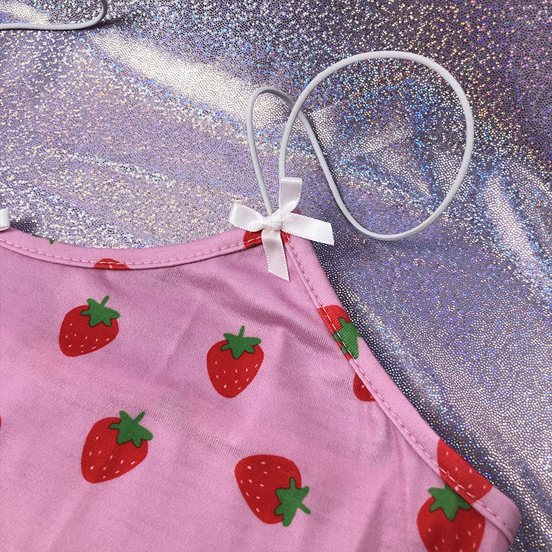 Cute Strawberry Fruit Spaghetti Strap Crop Top Camisole Shirt Tee T-shirt E-Girl Kawaii Korean Japanese Harajuku Chinese Retro Streetwear Aesthetic