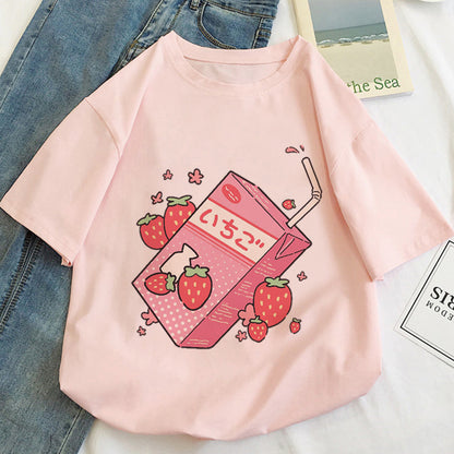 Cute Pink Strawberry Juice Box Graphic Cartoon Print Loose Short Sleeve Short T-shirt Top Casual E-Girl Kawaii Korean Japanese Harajuku Streetwear