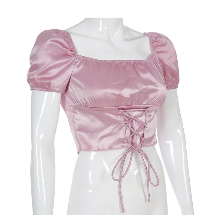 Cute Vintage Pink Silky Satin Short Sleeve Shirt Crop Top Lace Up Elegant Aesthetic Casual Summer E-Girl Kawaii Korean Japanese Harajuku