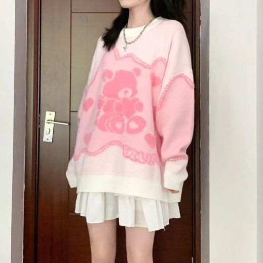 Pink Teddy Bear Print Sweater