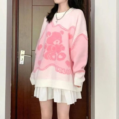 Pink Teddy Bear Print Sweater