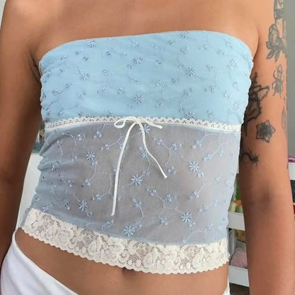 Blue Lace Trim Tube Top