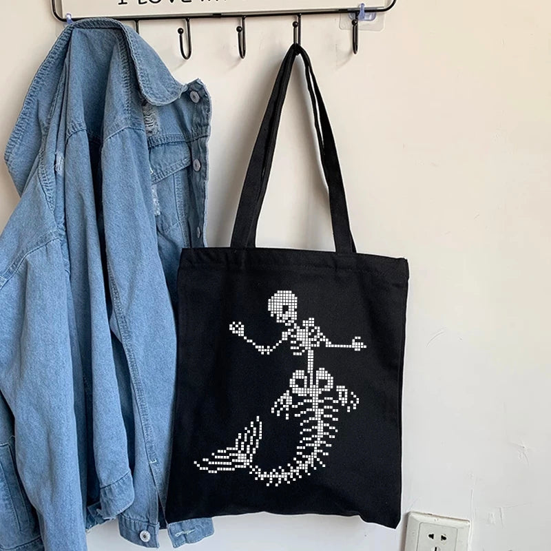 Cute Skeleton Skull Butterfly Wing Print Shoulder Bag Canvas Eco Tote Aesthetic Casual Summer E-Girl Kawaii Korean Japanese Harajuku