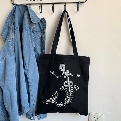 Cute Skeleton Skull Butterfly Wing Print Shoulder Bag Canvas Eco Tote Aesthetic Casual Summer E-Girl Kawaii Korean Japanese Harajuku