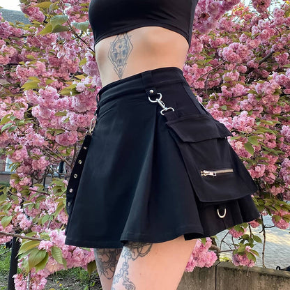 Cute Sexy Punk Goth Black High Waist Mini Skirt Patchwork Bandage Bottom E-Girl Kawaii Korean Japanese Harajuku Chinese Retro Streetwear Aesthetic