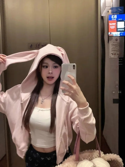 Pink Rabbit Ear Zipper Hoodie